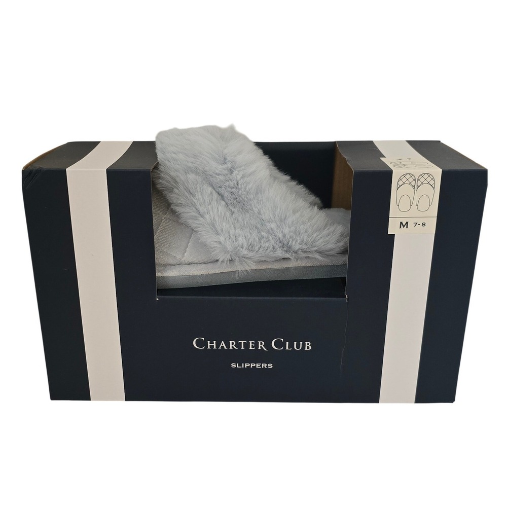 Charter Club Womens Blue Grey Quilted Faux Fur Trim Scuff Slippers Size 7-8 M